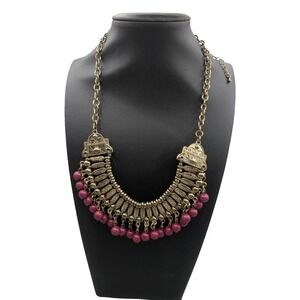 Antique Gold Tone Tribal Statement Necklace with Plum Purple Beads Bib Style